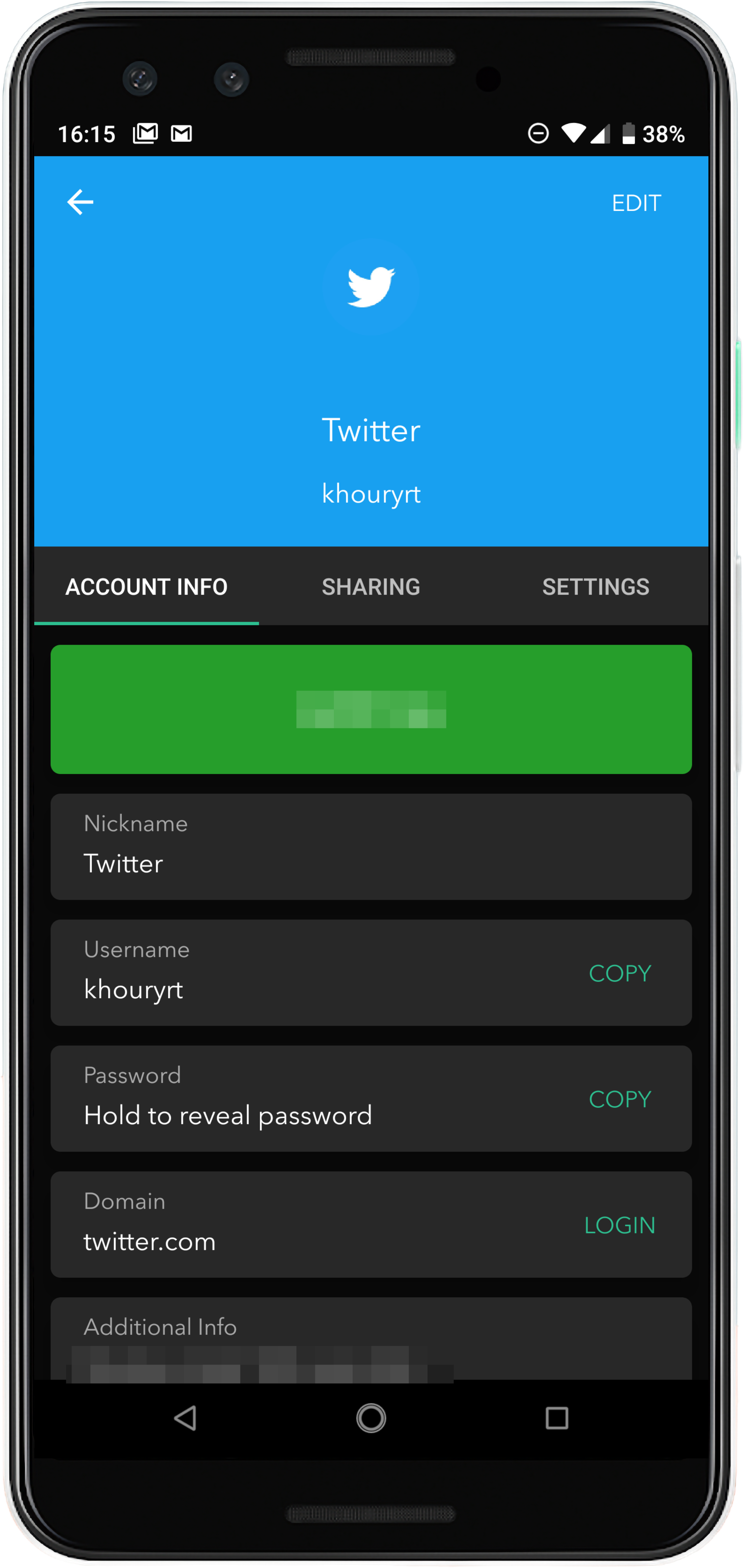 Account detail screen showing Twitter account